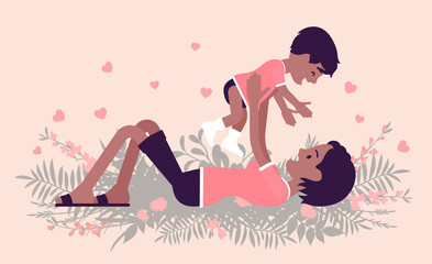 Mom and baby daughter, black mother throwing, tossing child. Happy motherhood, female health, parent playing with small kid. Vector creative stylized illustration, floral summer and spring background