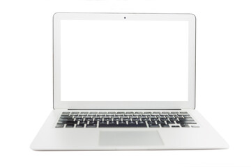 Opened gray laptop with screen isolated on white. Space for text.