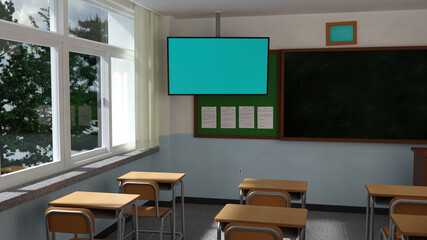 学校 教室 壁に掛けられた大型モニター 額 コピースペース 小学校 中学校 高校