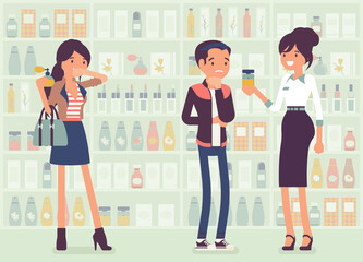 Choosing perfume, finding fragrance in a store with female sales assistant. Man puzzled with sample scents. Vector creative stylized illustration, beauty product shelf display background, full length