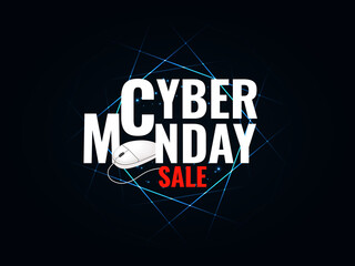 Cyber monday sale sign, icon, logo design. Cyber monday advertisign text with white computer mouse on black background and neon frame. Vector illustration