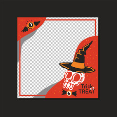 Happy Halloween mysterious party promo sale social media banner template with magic elements. broom, poison bottle, coffin, book, voodoo doll. Poster, banner, special offer with transparent part