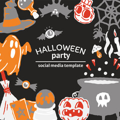 Fototapeta premium Halloween party set of magic elements. Magic hat, bat, skull, candle, pumpkin, magic ball, playing cards, ghost, snake, mushroom, poison,, knife, web, spider, eye, bone, magic book,, candle