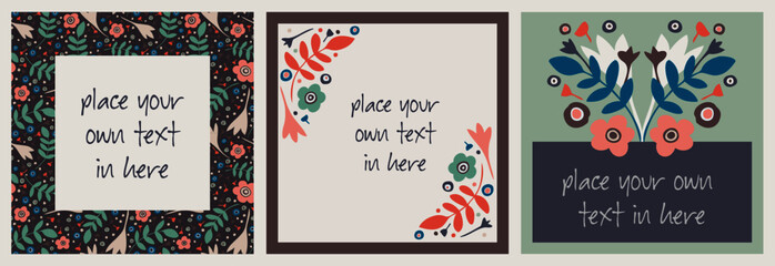 Set of three square flower borders or social media backgrounds, featuring stylised floral arrangements
