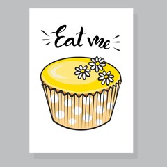 Stock vector eat me greeting card with yellow cupcake and lettering cartoon hand drawn illustration