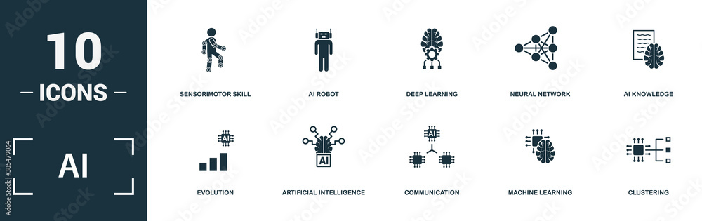 Poster ai icon set. monochrome sign collection with evolution, artificial intelligence, communication, mach