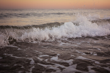 Sea beach water with waves. Stormy sea waves, beautiful seascape, forces of nature, natural disaster. Sea with Waves Details.
