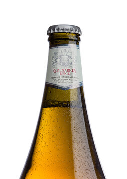 LONDON, UK - MAY 15, 2017: Bottle of Menabrea birra blonda premium lager beer on white. Italian beer.