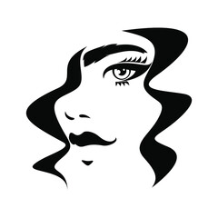 Beauty logo, beautiful woman face, sexy red lips, eyelash extensions, fashion woman, curly hairstyle, hair salon sign, icon. Wallpaper background. Vector illustration.