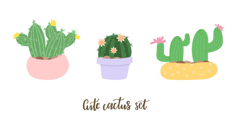 set of three cute cartoon cactus in pots