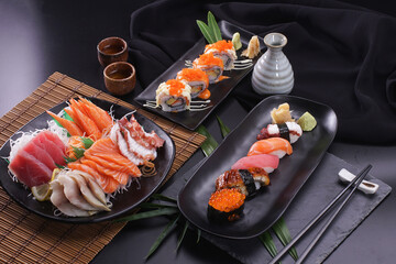 Sashimi and sushi Japanese food set. Salmon, Ikura, wasabi, fish, shrimp and tuna.