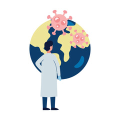 male doctor wearing medical mask with covid19 particles in world planet flat style icon
