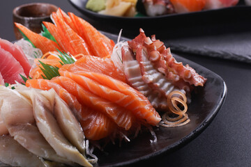 Sashimi Japanese food, Sashimi set. Salmon, wasabi, fish, shrimp.