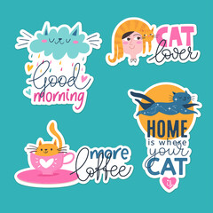 Stickers and labels with funny trendy elements and cats