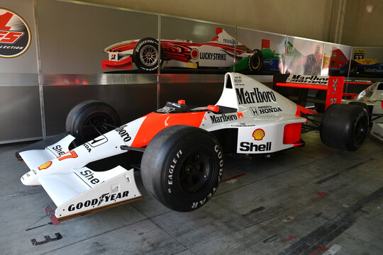 Imola, 27 April 2019: Historic 1990 F1 McLaren MP4-5B ex Ayrton Senna - Gerhard Berger in the box during Minardi Historic Day 2019 at Imola Circuit in Italy.