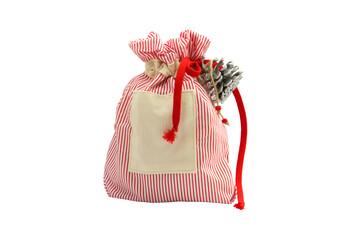 Red and white fabric Christmas bag for presents with cone isolated on the white background.