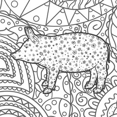 Wallpaper with patterned pig. Hand drawn patterns on isolated background. Black and white illustration