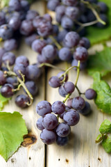 Blue grapes and grape leaves on a wooden surface. Selective focus. Macro. Grape harvest.