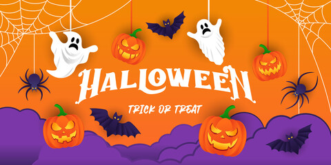Fototapeta premium Halloween background vector illustration design template. Decorative Halloween vector background in trendy cartoon style. Happy Halloween banner, poster, greeting card or party invitation background