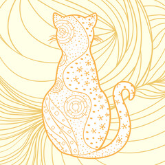 Square pattern. Ornate cat. Hand drawn animal with abstract patterns. Line art