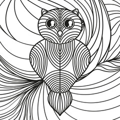 Square line pattern. Hand drawn lined owl. Print for flyers and banners. Black and white illustration