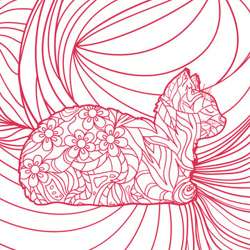 Square background with patterned cat. Hand drawn animal with abstract patterns. Line art