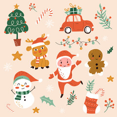 Set of Christmas elements. Snowflakes, Santa Claus, Snowman, Deer, Christmas tree, gifts, animals and other elements. Vector illustration.