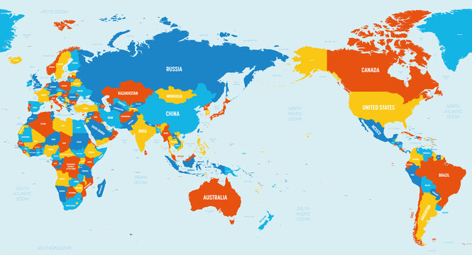 World map - Asia, Australia and Pacific Ocean centered. 4 bright color scheme. High detailed political map of World with country, ocean and sea names labeling