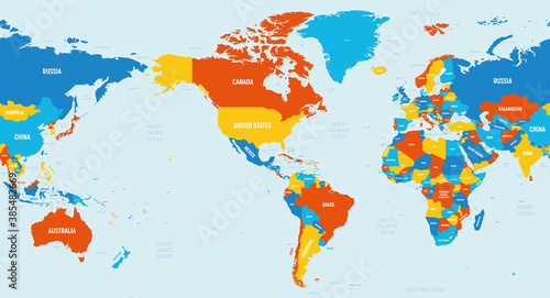 Fototapete World Map America Centered 4 Bright Color Scheme High Detailed Political Map Of World With Country Ocean And Sea Names Labeling Pyty