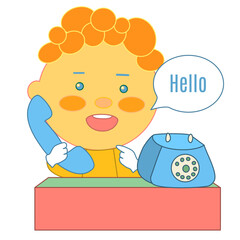 emoticon with retro boy secretary that holds a vintage handset near his ear while answering the phone call, vector emoji in color on white isolated background