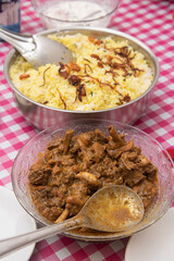 Malabar Chicken Dum Biryani , Raita , Indian Vegetable Pulao Biryani using Basmati Rice. Kerala India. Vegetable Biryani  Hyderabadi Kheema Keema  South Indian turmeric rice