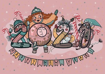 2021! Merry Christmas and a Happy New Year! The image contains numbers, a girl and a symbol of the bull year.