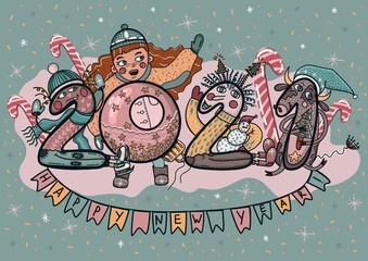 2021! Merry Christmas and a Happy New Year! The image contains numbers, a girl and a symbol of the bull year.