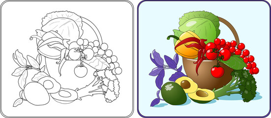 Nature coloring page and colorful designs for coloring book: basket of vegetables - cabbage, tomatoes, avocado, basil and broccoli