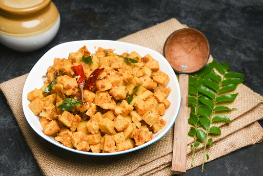 Elephant Yam stir fry or taro roots Stir fried , elephant foot yam curry , Suran or Chena curry Kerala, India. Arbi ki sabji , Indian Sabji or vegetable stir fry Masala recipe for rice, Chapati.