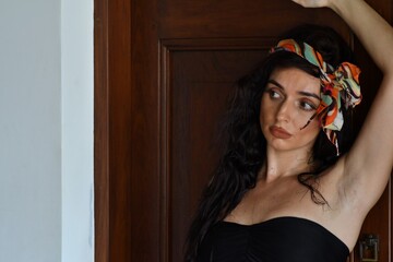 Beauty face woman young beautiful girl Gorgeous female portrait brown hair. Young adult girl with healthy skin fashion eye makeup.