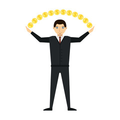 Man, businessman, leader, manager juggles with gold coins. Vector illustration.