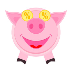 Pig, piglet, piggy bank with two gold coins with a discount sign instead of eyes. Vector illustration.