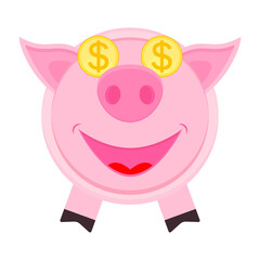 Pig, piglet, piggy bank with two gold coins instead of eyes. Dollar sign on coins. Vector illustration.