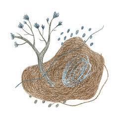 Color pencil abstract illustration with a brown shape, an elegant tree and blue helix, line and dots. A brown square picture.