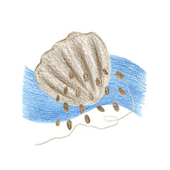 Color pencil abstract illustration with a blue wave, a sandy cockle-shell, brown dots. A blue and brown square picture.