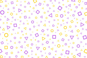 Geometric pattern abstract memphis style design with purple and yellow color triangles, squares and circles. Graphic design geometric vector pattern. Seamless geometry figure shapes, abstract vector