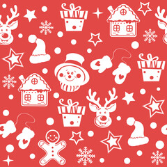 Vector collection with christmas items on a red background seamless pattern