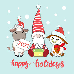 Christmas card with santa claus and cow symbol 2021. Happy Holidays lettering
