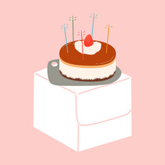 Birthday Cake with a lit candle and white cake packaging illustration