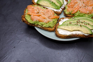 Set of various danish open sandwiches. Healthy food, breakfast concept