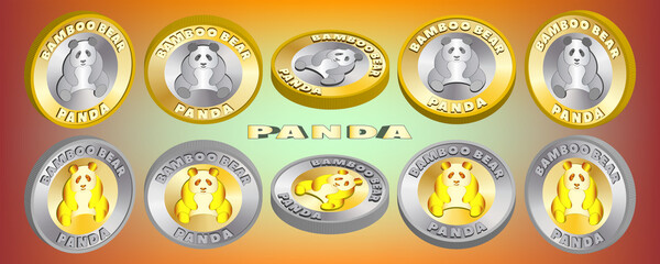 3d set of bimetallic tokens. Coins of gold and silver,  inscription panda or bamboo bear. EPS10 © GAlexS