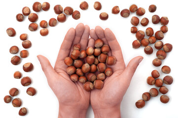 nuts are scattered around the hands, in the hands of a bunch of nuts, all on a white background, top view
