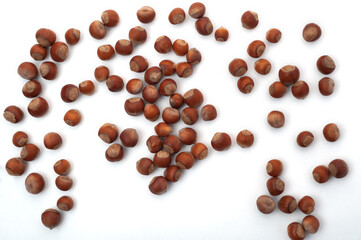 sprinkled nuts on a white background, top view