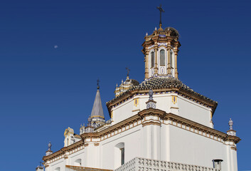San Juan Bautista church, bell tower, domes and spire, details of Spanish Baroque architecture, La Palma del Condado, Andalusia, Spain